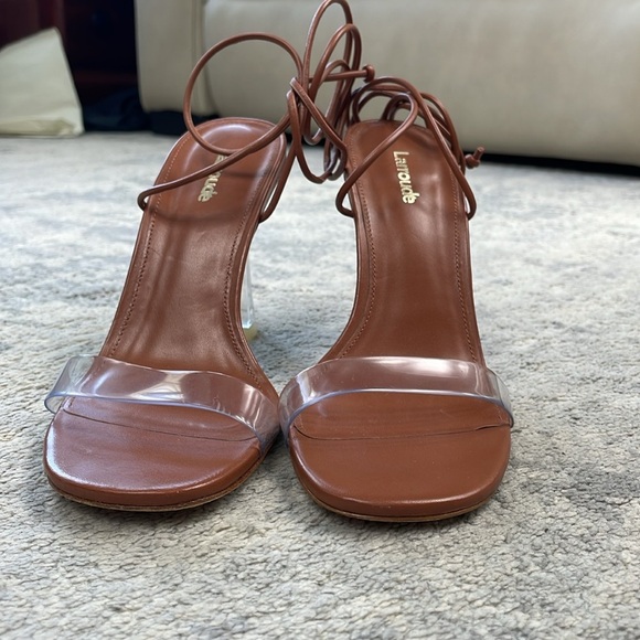 Larroude Gloria Sandal In Caramel Leather and Vinyl Ankle Wrap Clear Heel 7 - Picture 6 of 16